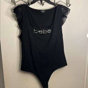 Bebe Black Bodysuit with Lace Cap Sleeves